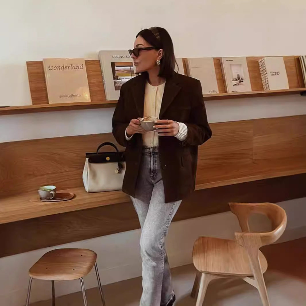 Women's Faux Suede Blazer – Elegant Casual Suit Jacket for Office & Everyday Chic Style