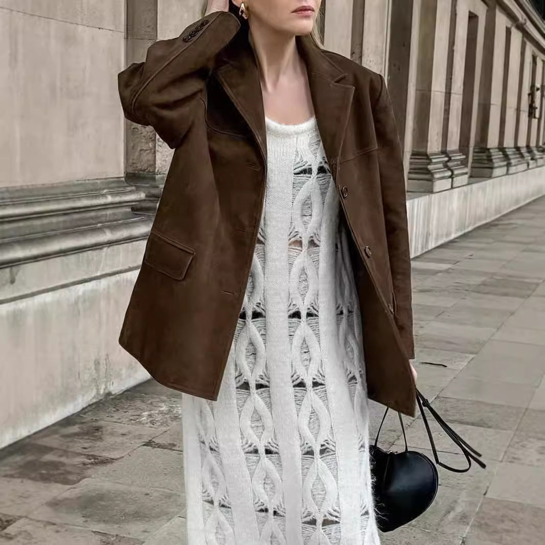 Women's Faux Suede Blazer – Elegant Casual Suit Jacket for Office & Everyday Chic Style