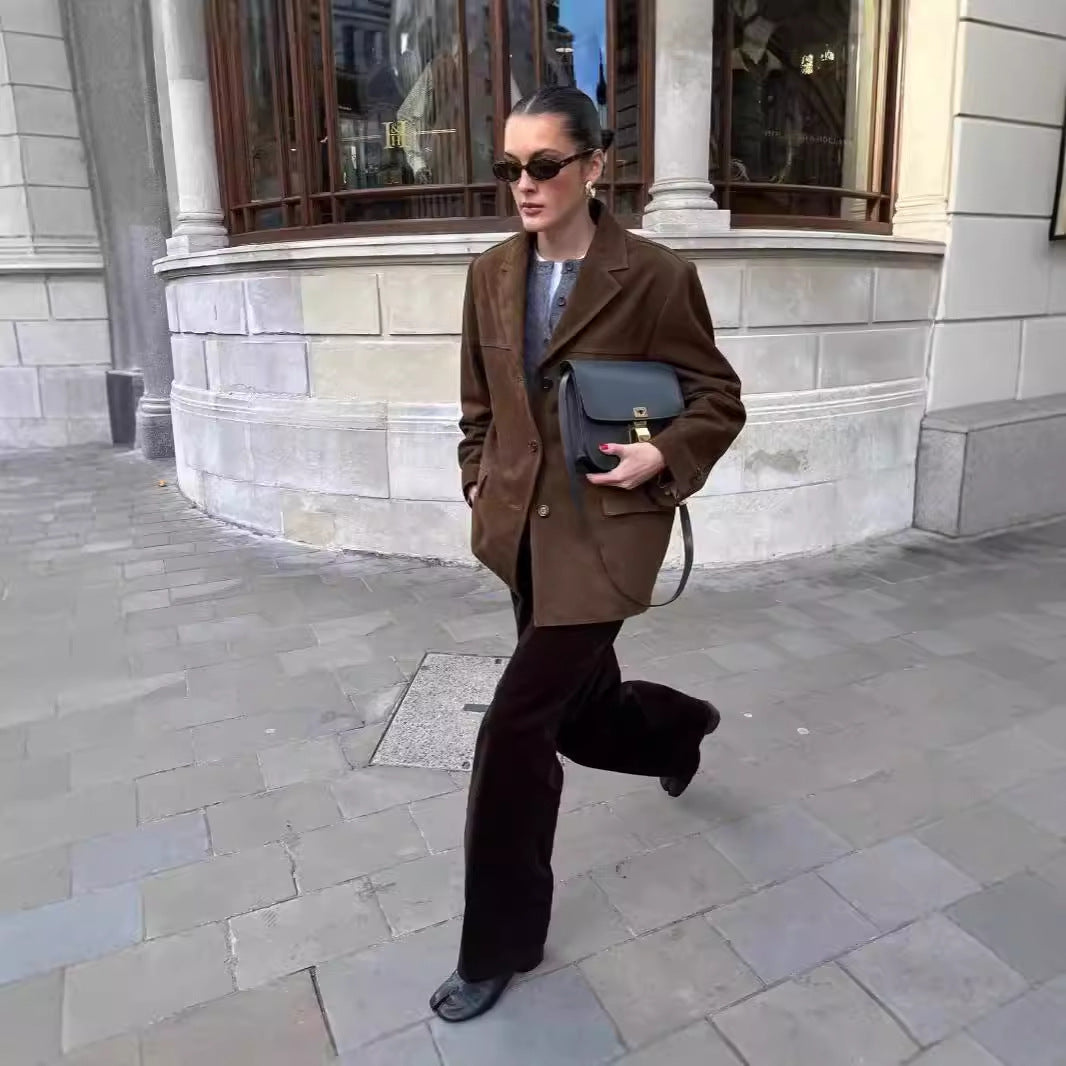 Women's Faux Suede Blazer – Elegant Casual Suit Jacket for Office & Everyday Chic Style