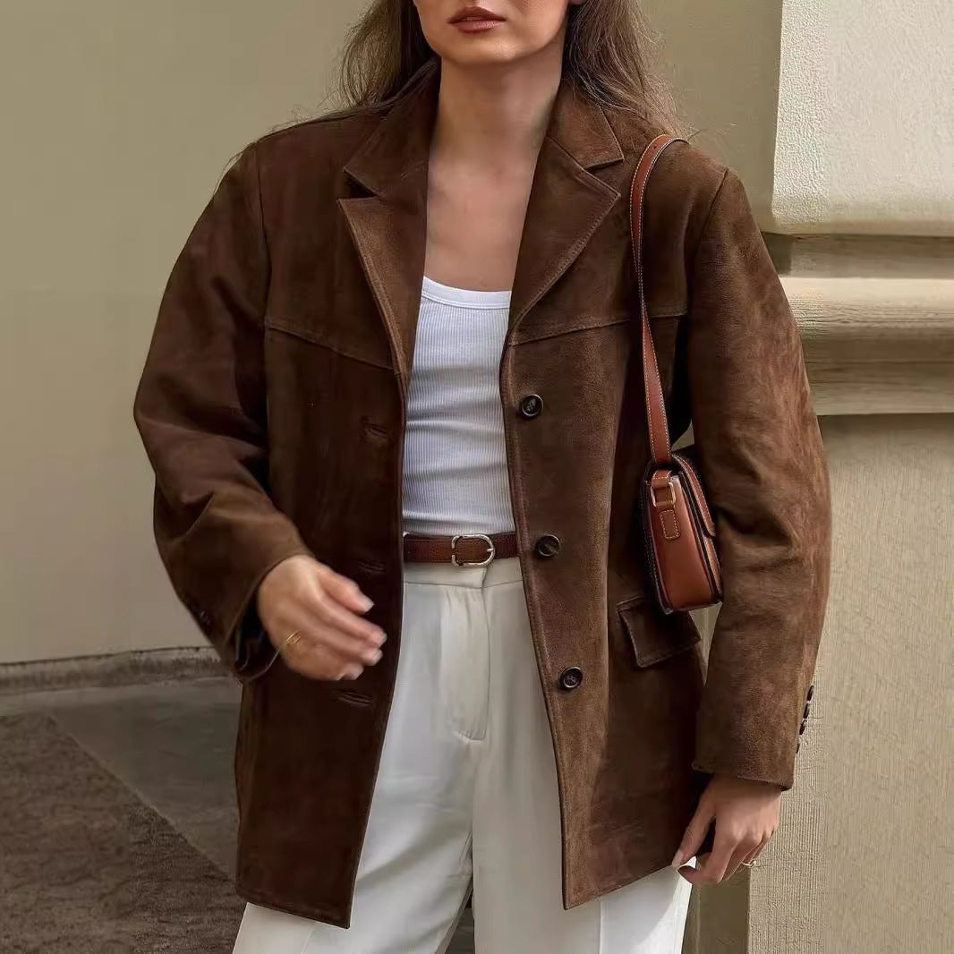 Women's Faux Suede Blazer – Elegant Casual Suit Jacket for Office & Everyday Chic Style