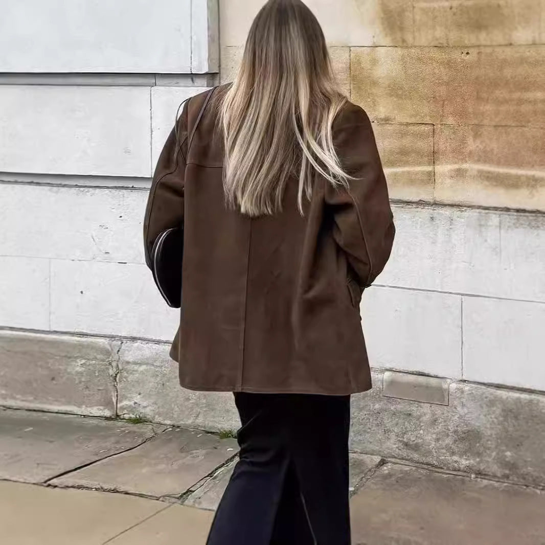 Women's Faux Suede Blazer – Elegant Casual Suit Jacket for Office & Everyday Chic Style