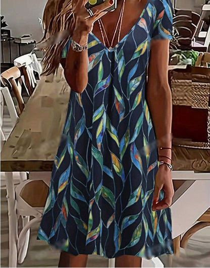 Women’s Leaf Print V-Neck Dress