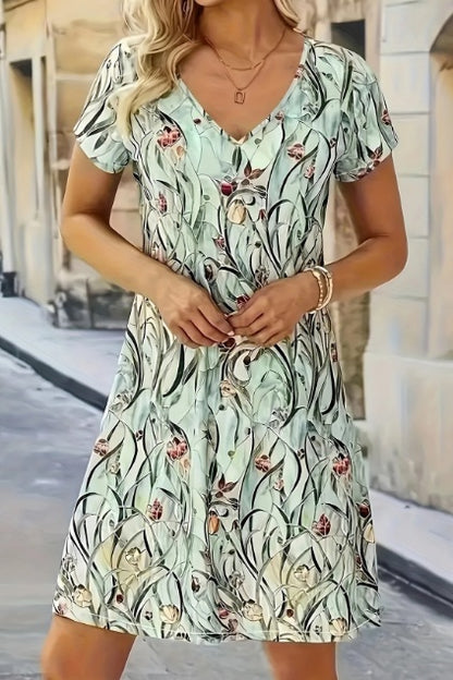 Women’s Leaf Print V-Neck Dress