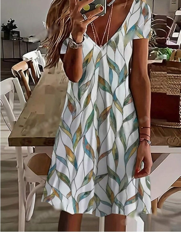 Women’s Leaf Print V-Neck Dress